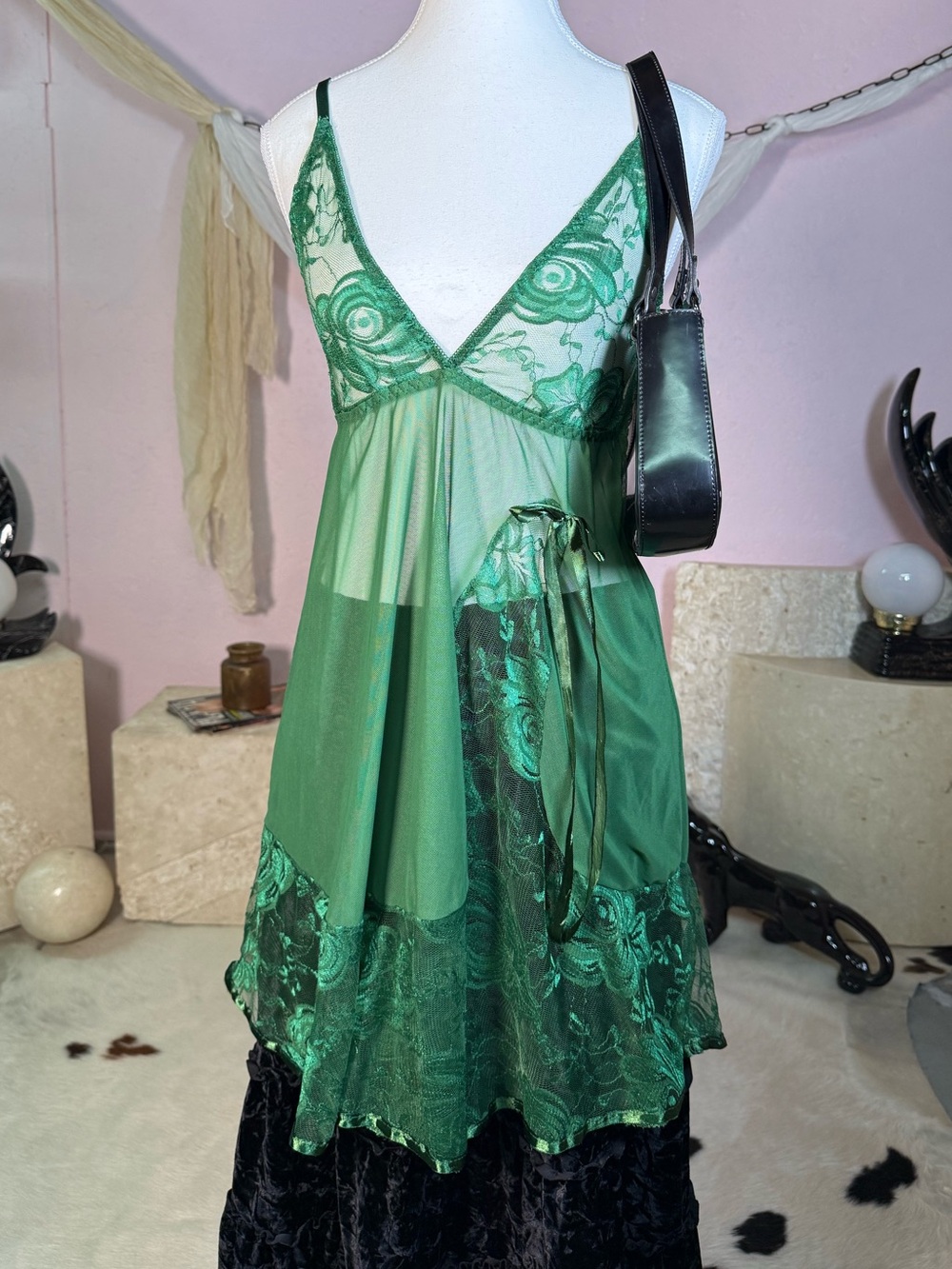 Emerald Green Sheer Floral Lace Babydoll Slip – Medium